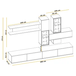 Parete attrezzata soggiorno 280x180h cm moderna nero opaco rovere Linex