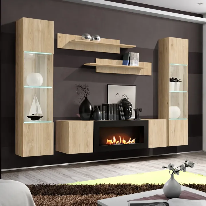 Parete attrezzata sospesa 260x170h cm con biocamino e vetrine rovere Ignis 6 Gihome®