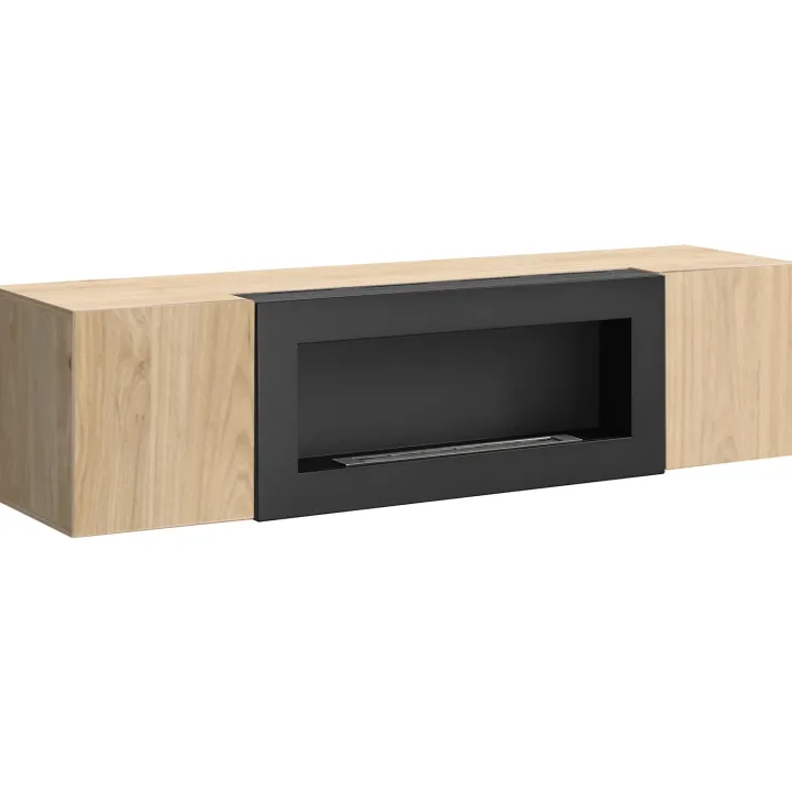 Parete attrezzata sospesa 260x170h cm con biocamino e vetrine rovere Ignis 6 Gihome®