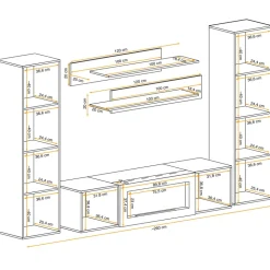 Parete attrezzata sospesa 260x170h cm con biocamino e vetrine rovere Ignis 6 Gihome®