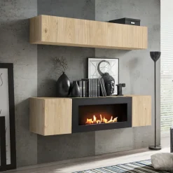 Parete attrezzata sospesa 160x150h cm con biocamino rovere Ignis 2 Gihome®