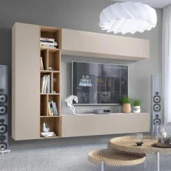 Parete attrezzata sospesa 224x160h cm moderna beige cashmere rovere Artemisia