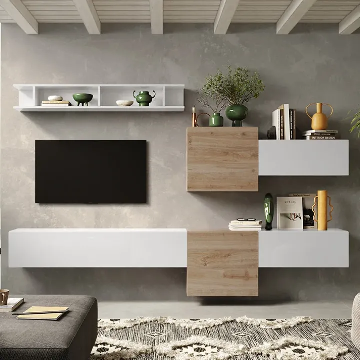 Parete attrezzata sospesa 262x190h cm bianco lucido rovere chiaro Sunset 22
