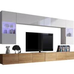 Parete attrezzata sospesa 300x185h cm porta tv con vetrine bianco lucido rovere Mons