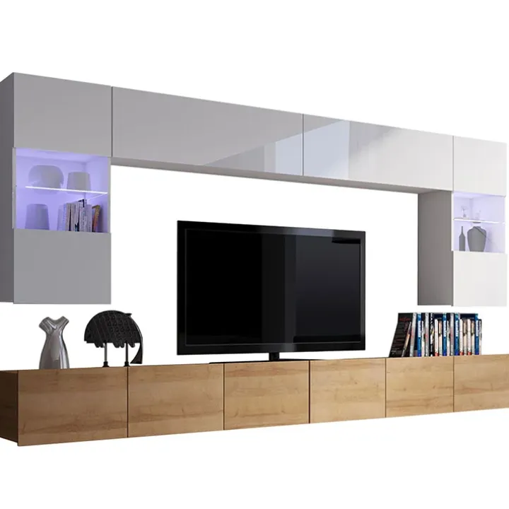 Parete attrezzata sospesa 300x185h cm porta tv con vetrine bianco lucido rovere Mons
