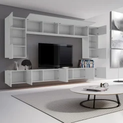 Parete attrezzata sospesa 300x185h cm porta tv con vetrine bianco lucido Mons
