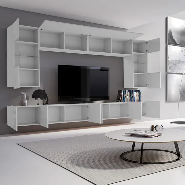 Parete attrezzata sospesa 300x185h cm porta tv con vetrine bianco lucido Mons