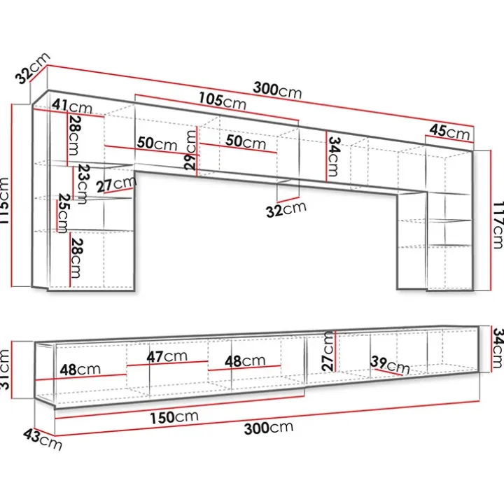 Parete attrezzata sospesa 300x185h cm porta tv con vetrine bianco lucido Mons