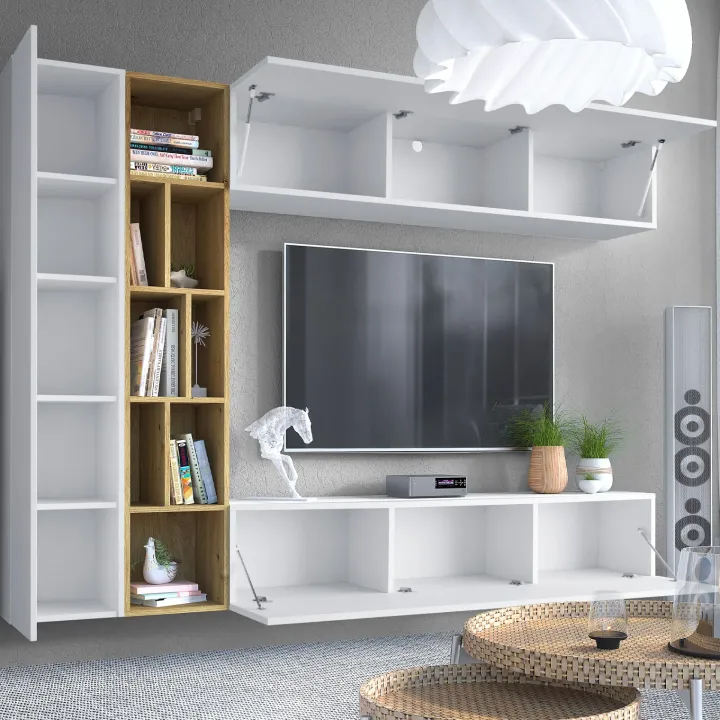 Parete attrezzata sospesa 224x160h cm moderna bianco rovere Artemisia