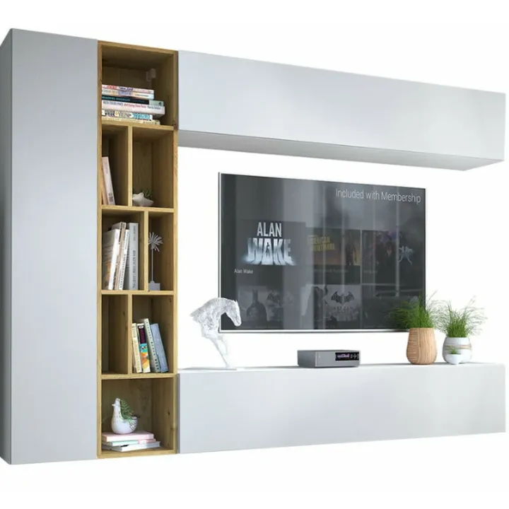 Parete attrezzata sospesa 224x160h cm moderna bianco rovere Artemisia