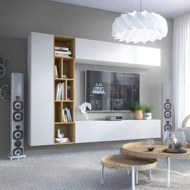 Parete attrezzata sospesa 224x160h cm moderna bianco rovere Artemisia