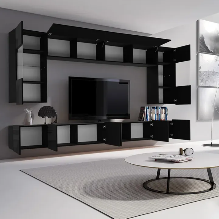 Parete attrezzata sospesa 300x185h cm porta tv con vetrine nero lucido Mons