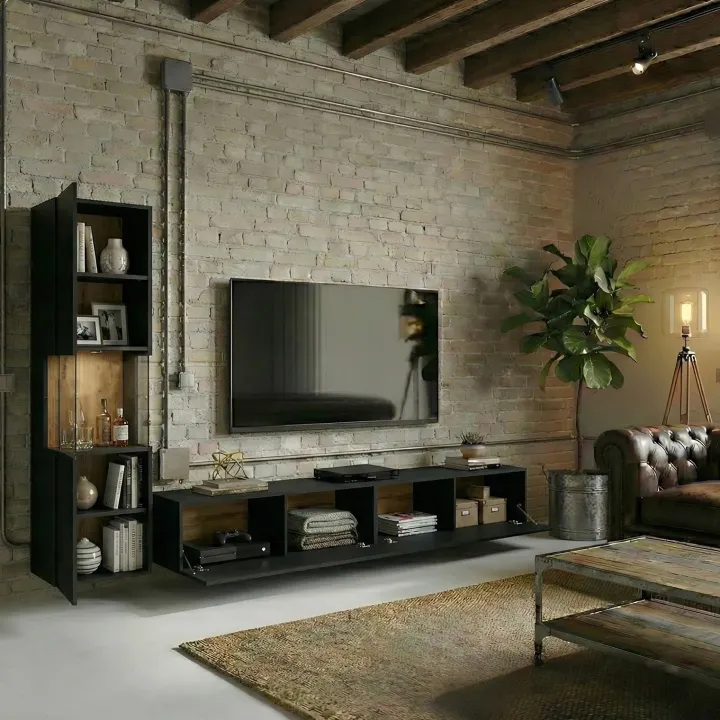 Parete attrezzata sospesa 226x140h cm nero rovere Fusion 1