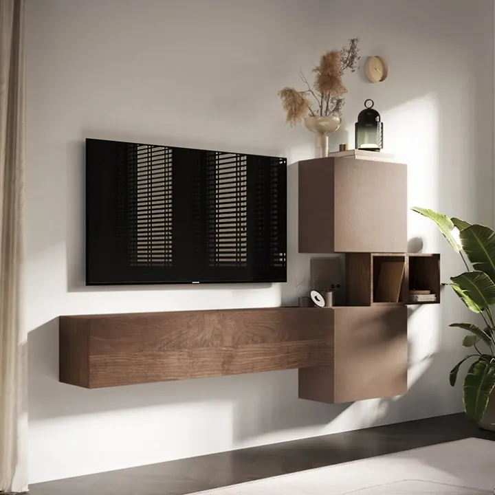 Parete attrezzata sospesa 220x130h cm moderna marrone bronzo rovere Sunset 53