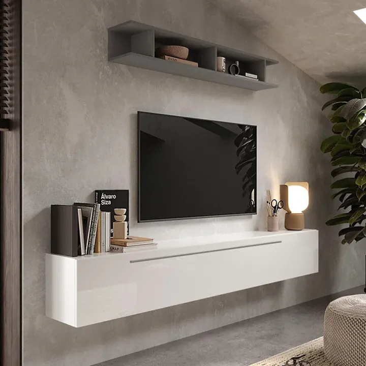 Parete attrezzata sospesa 210x180h cm moderna grigio bianco lucido Sunset 48