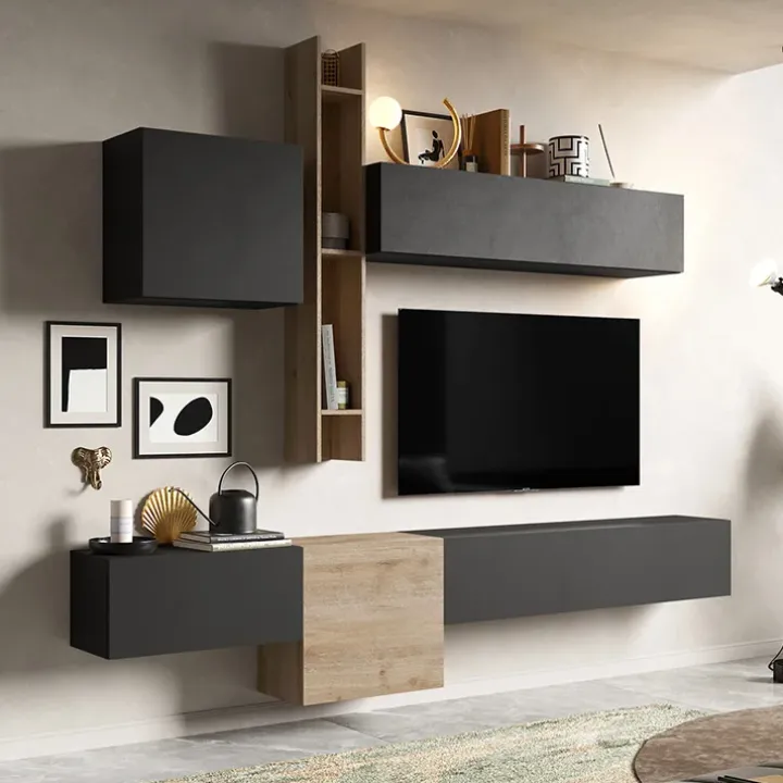 Parete attrezzata sospesa 262x220h cm rovere chiaro ossido nero Sunset 12