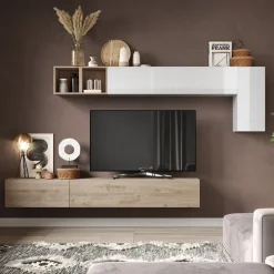 Parete attrezzata sospesa 276x175h cm bianco lucido rovere chiaro Sunset 41
