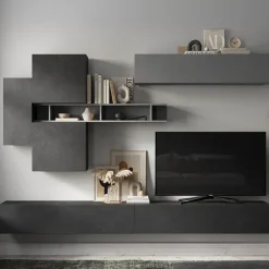 Parete attrezzata sospesa 276x190h cm moderna grigio scuro antracite Sunset 44