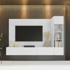 Parete attrezzata sospesa 220x150h cm con colonna bianco cannettato effetto marmo Ilaria