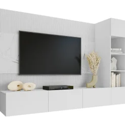 Parete attrezzata sospesa 220x150h cm con colonna bianco cannettato effetto marmo Ilaria