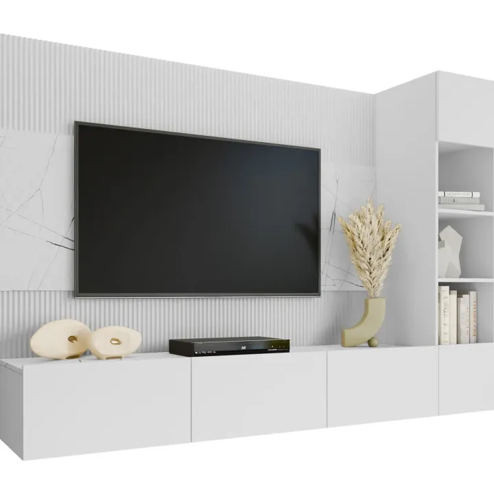 Parete attrezzata sospesa 220x150h cm con colonna bianco cannettato effetto marmo Ilaria