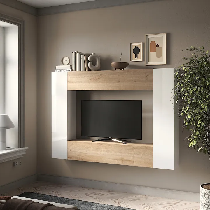 Parete attrezzata sospesa 196x180h cm moderna bianco lucido rovere chiaro Sunset 97