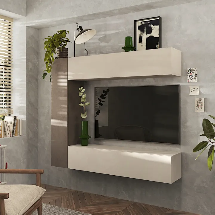 Parete attrezzata sospesa 167x180h cm moderna beige marrone Sunset 98