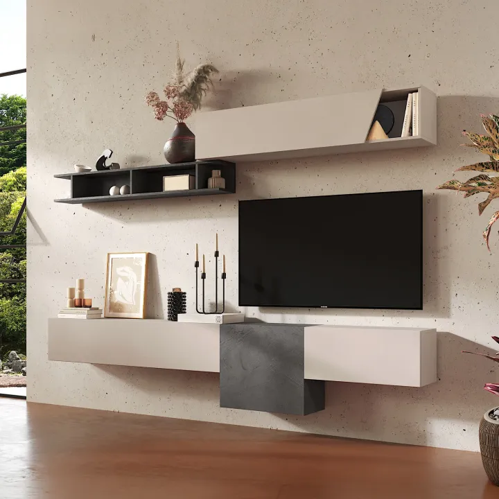 Parete attrezzata sospesa 262x220h cm moderna beige antracite Sunset 72
