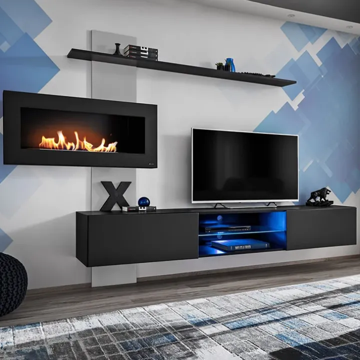 Parete attrezzata sospesa 250x170h cm con camino bioetanolo nero grigio Giotto