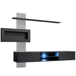 Parete attrezzata sospesa 250x170h cm con camino bioetanolo nero grigio Giotto