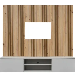 Parete attrezzata sospesa 160x120h cm pannello effetto cannettato grigio perla rovere Luvox