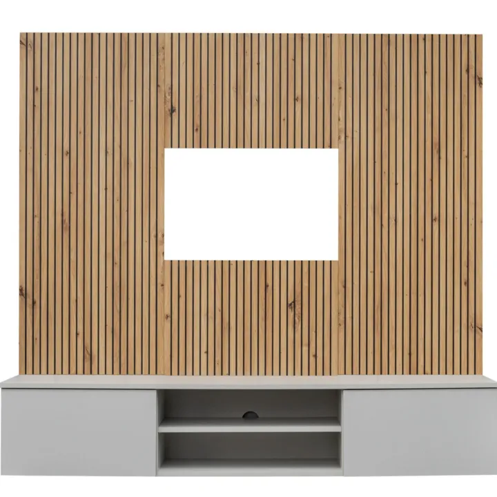 Parete attrezzata sospesa 160x120h cm pannello effetto cannettato grigio perla rovere Luvox