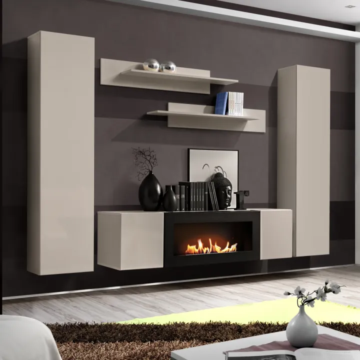 Parete attrezzata sospesa 260x170h cm con biocamino beige cashmere Ignis 5 Gihome®