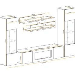 Parete attrezzata sospesa 260x170h cm con biocamino e vetrine beige cashmere Ignis 6 Gihome®