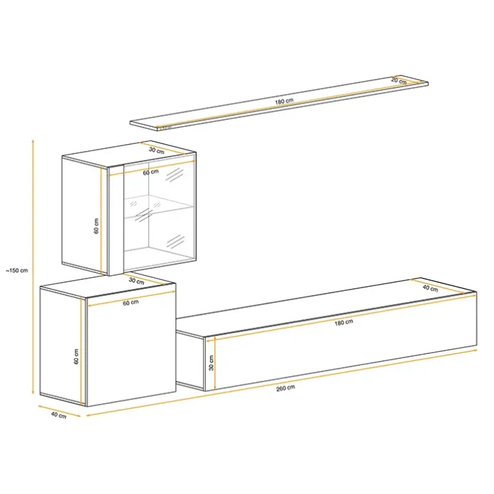Parete attrezzata sospesa 250x150h cm moderna bianco nero lucido Geo 13