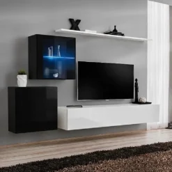 Parete attrezzata sospesa 250x150h cm moderna bianco nero lucido Geo 13