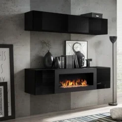 Parete attrezzata sospesa 160x150h cm con biocamino nero Ignis 2 Gihome®