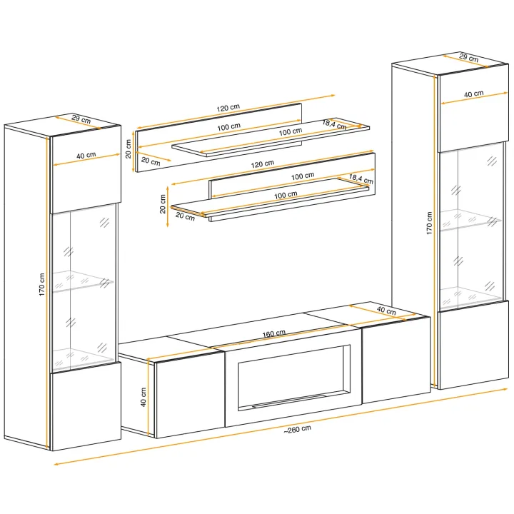 Parete attrezzata sospesa 260x170h cm con biocamino e vetrinette nero Ignis 6 Gihome®