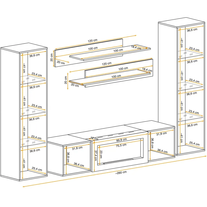 Parete attrezzata sospesa 260x170h cm con biocamino e vetrinette nero Ignis 6 Gihome®