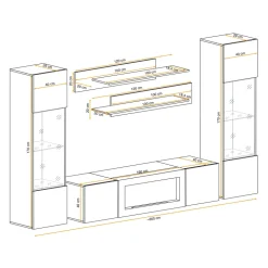 Parete attrezzata sospesa 260x170h cm con biocamino e vetrinette bianco Ignis 6 Gihome®