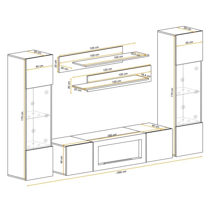 Parete attrezzata sospesa 260x170h cm con biocamino e vetrinette bianco Ignis 6 Gihome®
