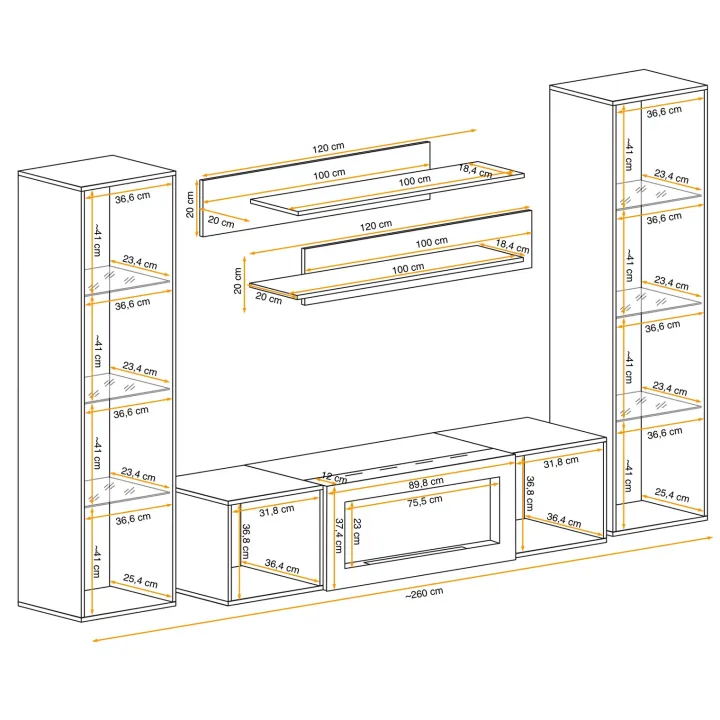 Parete attrezzata sospesa 260x170h cm con biocamino e vetrinette bianco Ignis 6 Gihome®