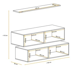 Parete attrezzata sospesa 130x110h cm moderna bianco nero Geo 19