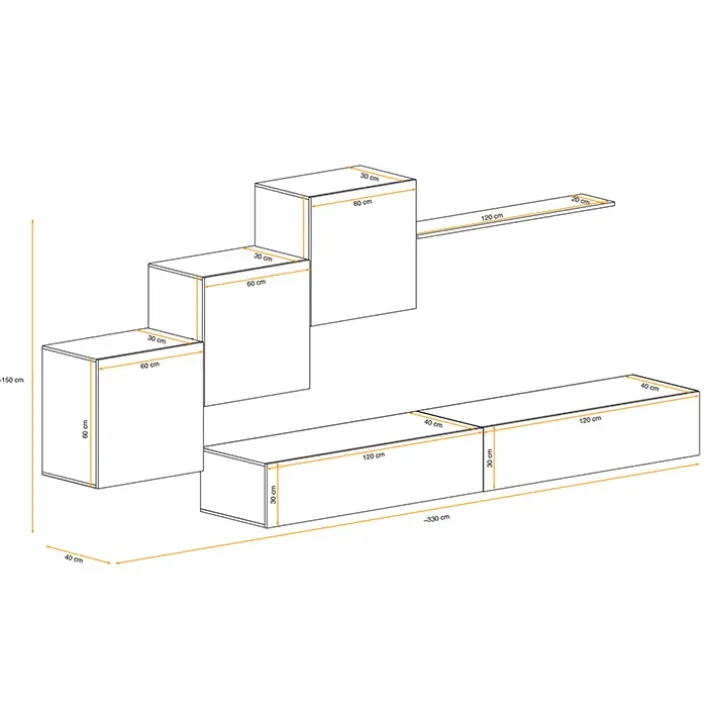 Parete attrezzata sospesa 260x170h cm moderna bianco opaco lucido Geo 08