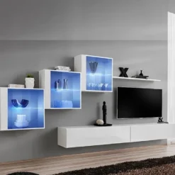 Parete attrezzata sospesa 330x160h cm moderna bianco opaco e lucido Geo 17