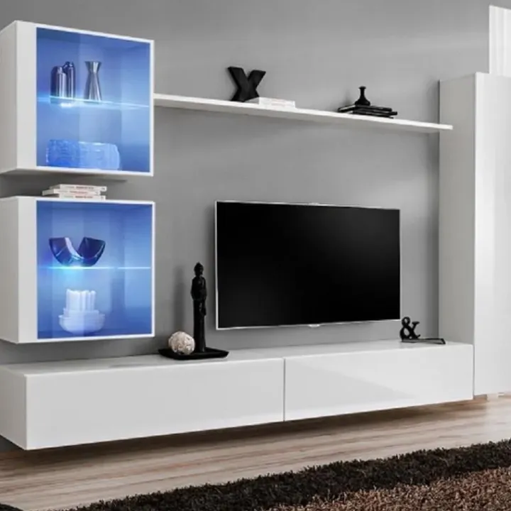 Parete attrezzata sospesa 270x200h cm sospesa moderna bianco opaco e lucido Geo 16