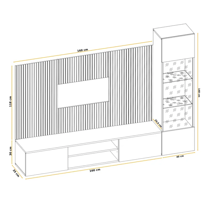 Parete attrezzata sospesa 200x150h cm pannello effetto cannettato grigio perla rovere Luvox