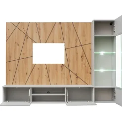 Parete attrezzata sospesa 200x150h cm pannello effetto geometrico grigio perla rovere Luvox