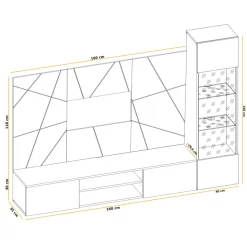 Parete attrezzata sospesa 200x150h cm pannello effetto geometrico grigio perla rovere Luvox