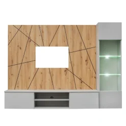 Parete attrezzata sospesa 200x150h cm pannello effetto geometrico grigio perla rovere Luvox